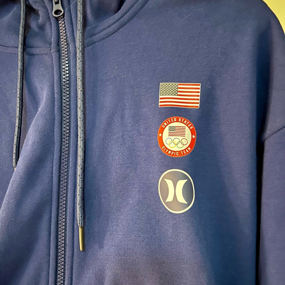 NWOT Hurley Blue Zip Hoodie Jacket with USA Olympic Team Logo USA on arms